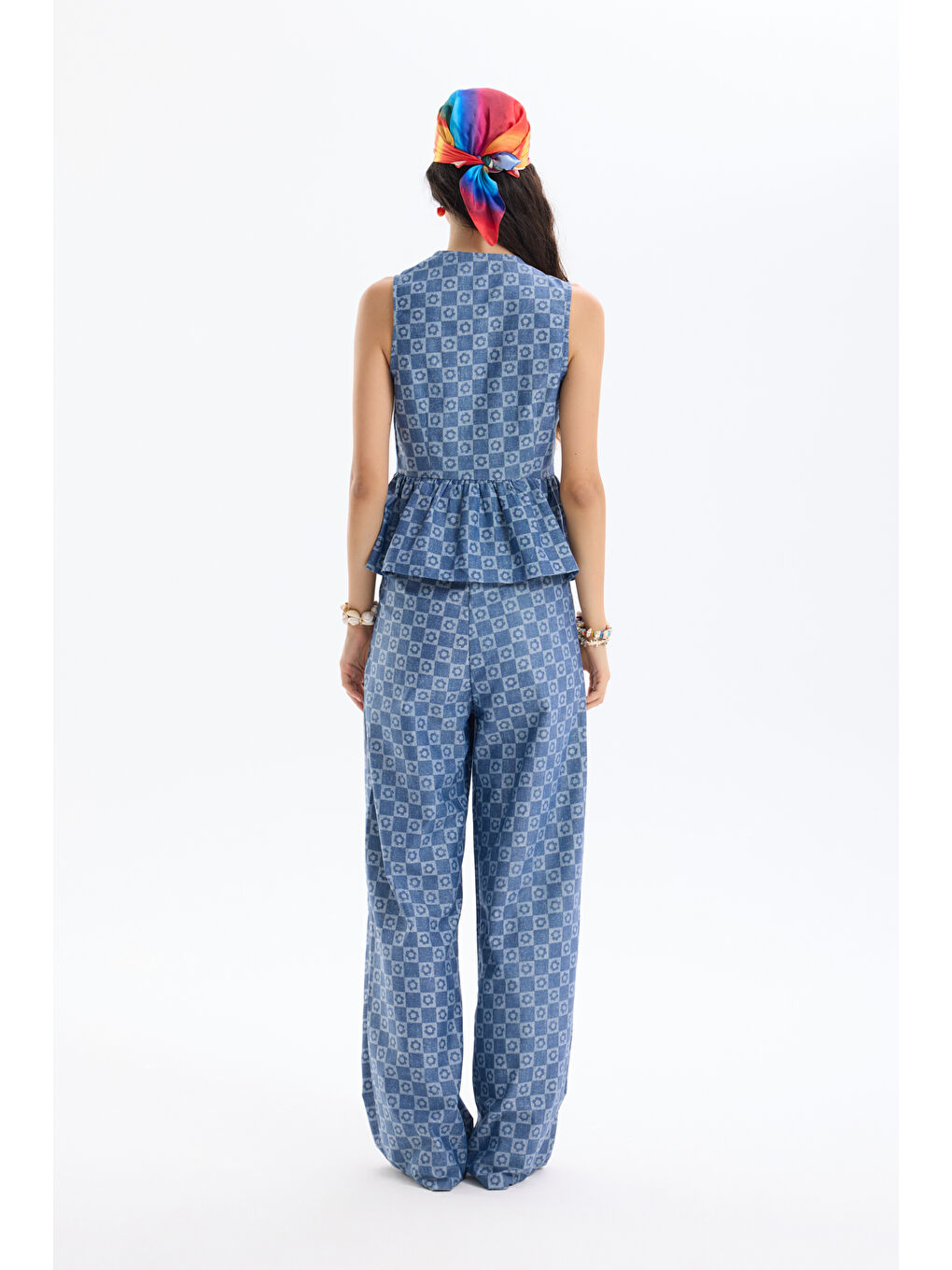 Dama Desenli Fiyonk Bağlamalı Bluz İndigo-4