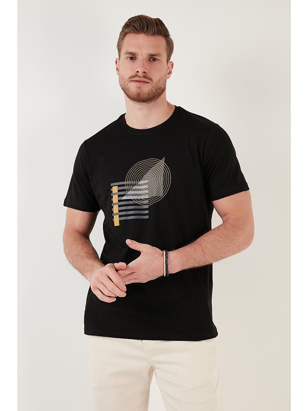 Siyah Baskılı Bisiklet Yaka %100 Pamuk Slim Fit Tişört 646B3810-1