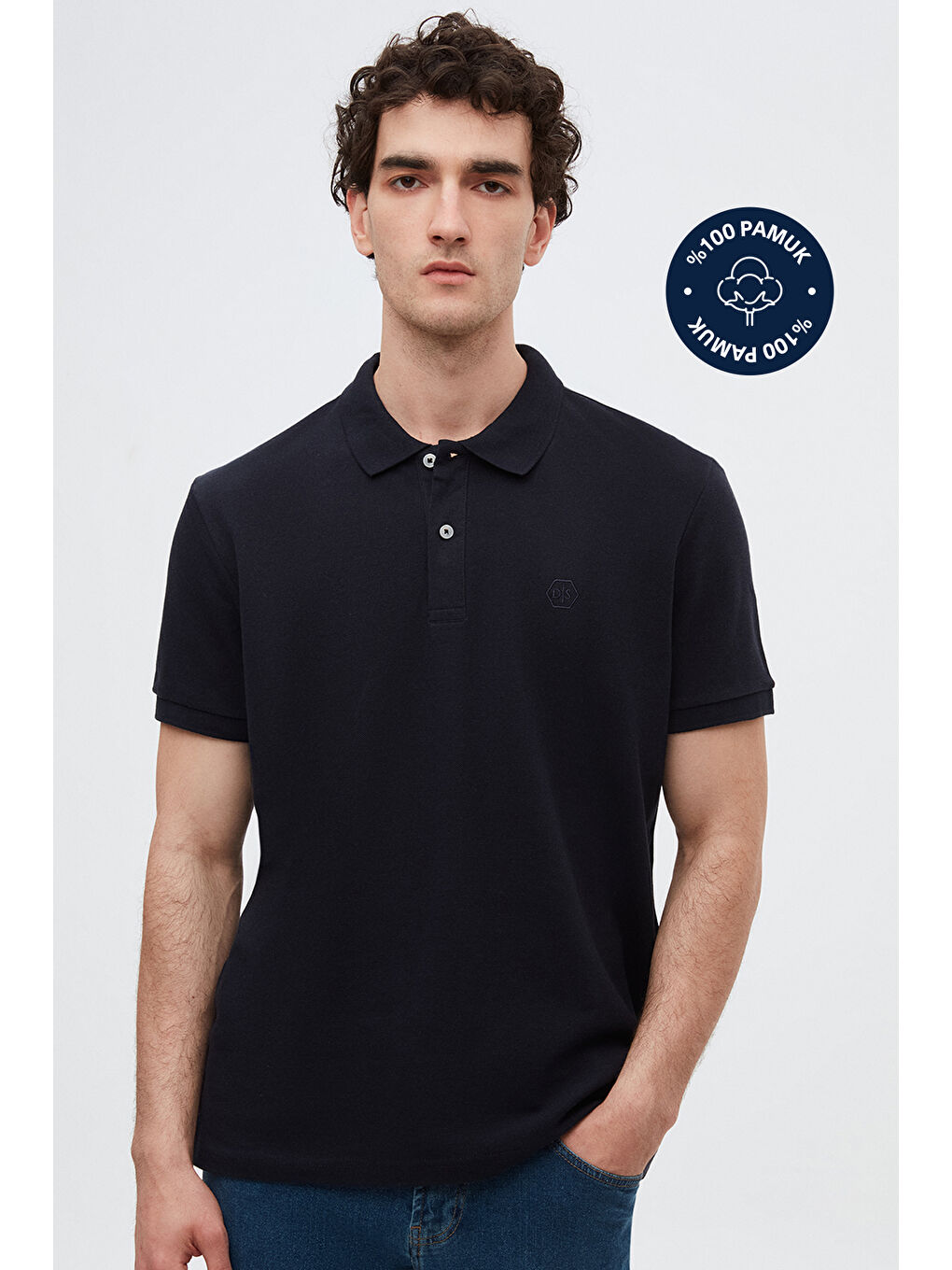 Regular Fit Lacivert %100 Pamuklu Uzun Ömürlü Kıvrılmaz Polo Yaka Nakışlı Tişört-1