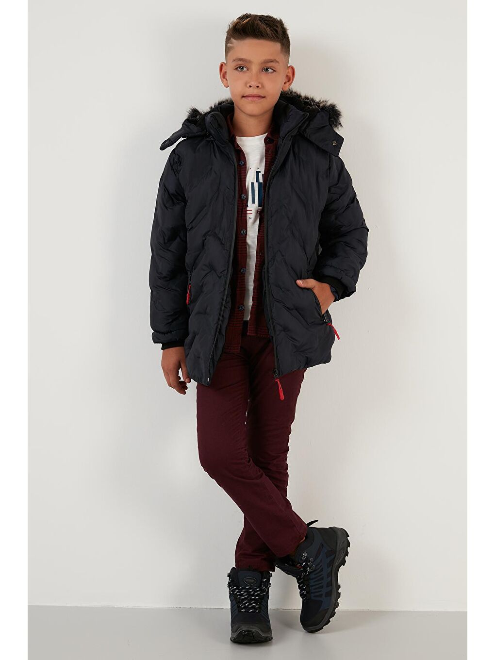 Lacivert İçi Pelüş Astarlı Çıkarılabilir Kapüşonlu Erkek Çocuk Mont 5760013-2