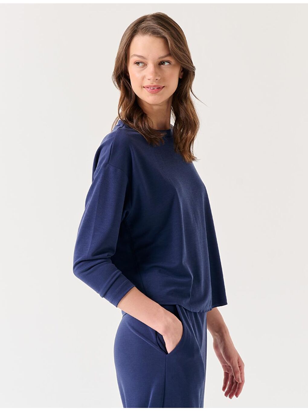 Lacivert Bisiklet Yaka Uzun Kollu Rahat Sweatshirt-2