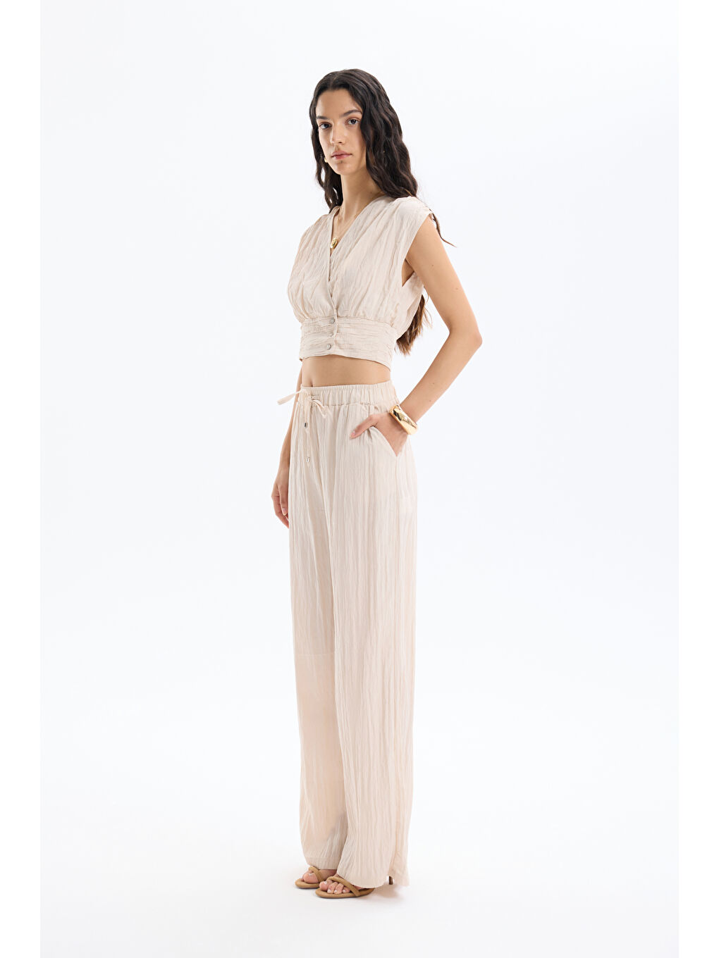 Kırışık Görünümlü Beli Lastikli Pantolon Bej-2