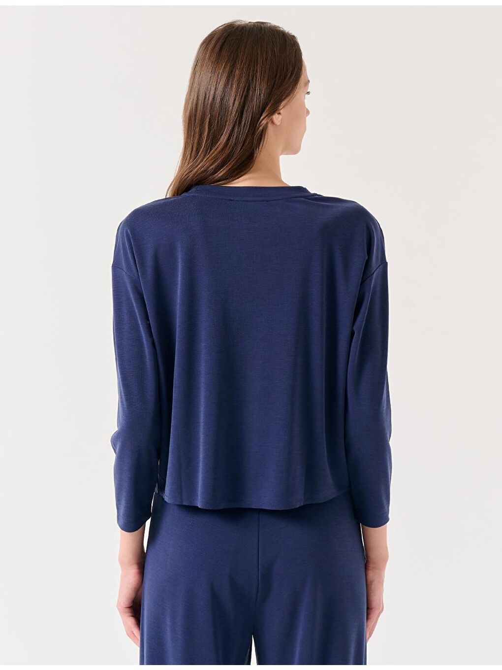 Lacivert Bisiklet Yaka Uzun Kollu Rahat Sweatshirt-4