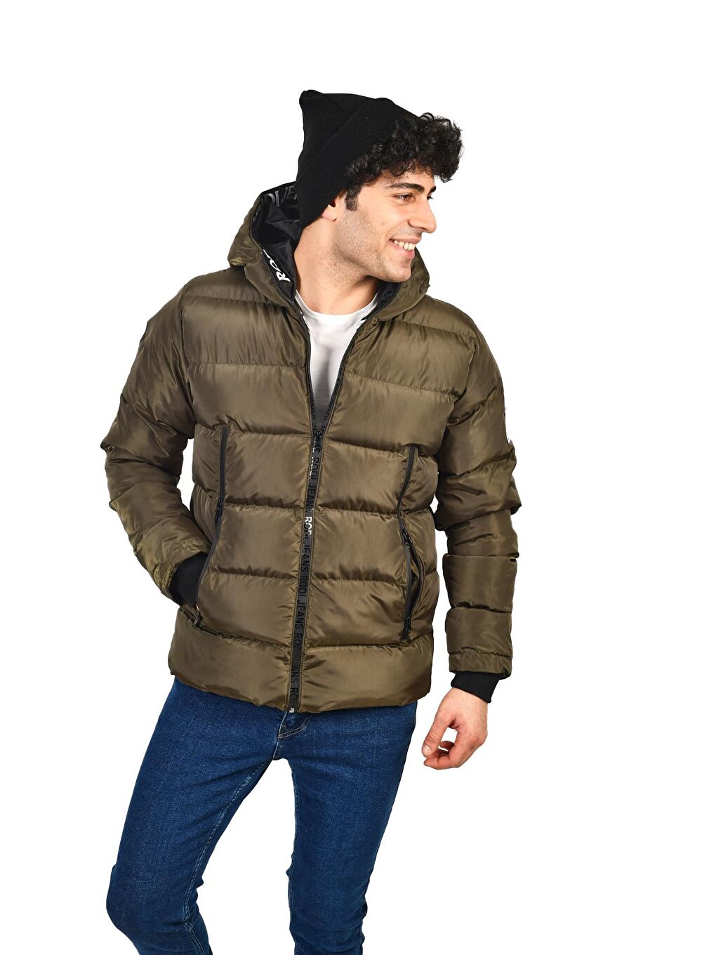 Haki Erkek Kapüşonlu Cep Fermuar Detaylı Kısa Şişme Mont