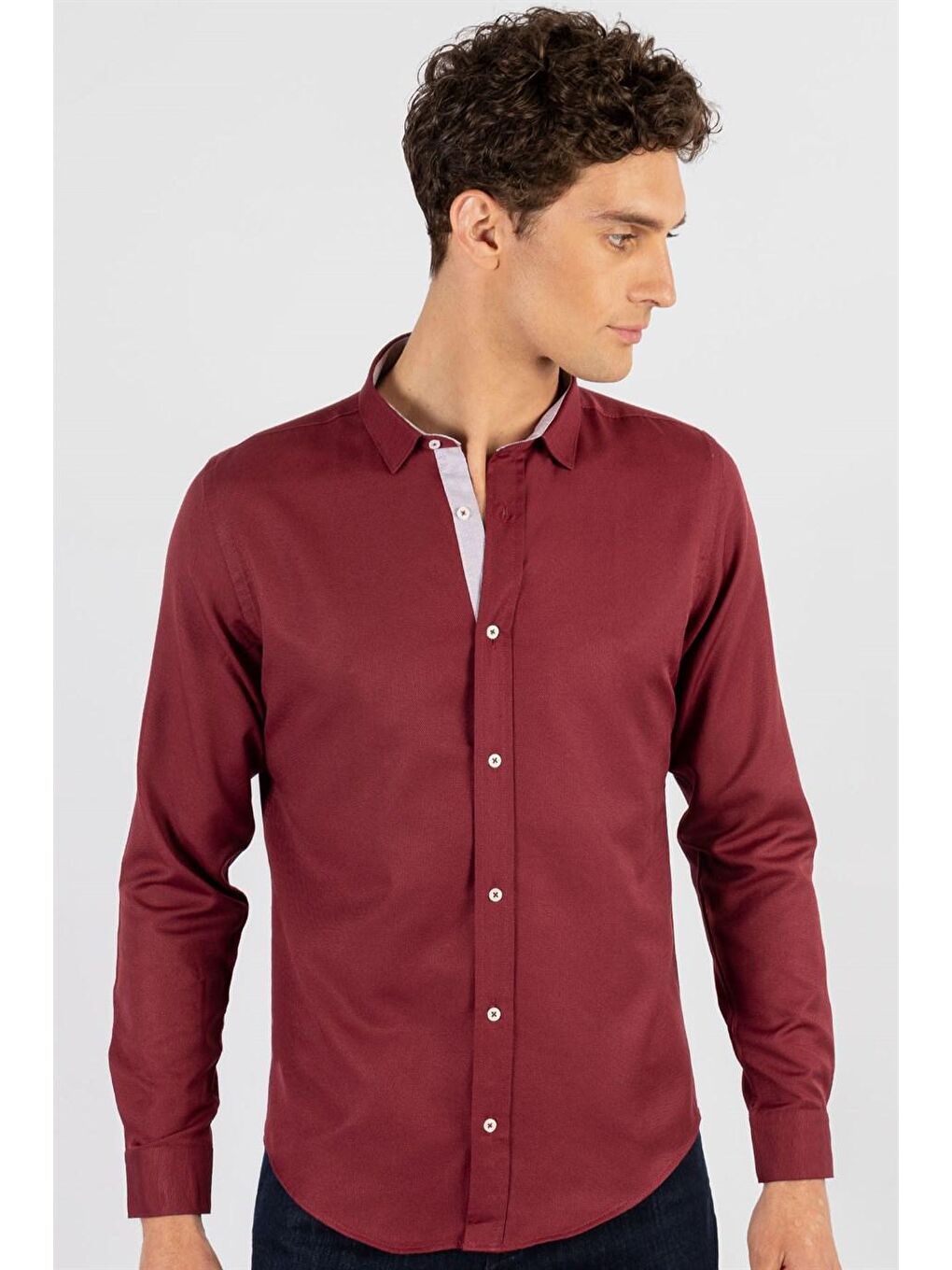 Slim Fit Pamuklu Kolay Ütü Düz Erkek Bordo Gömlek-1