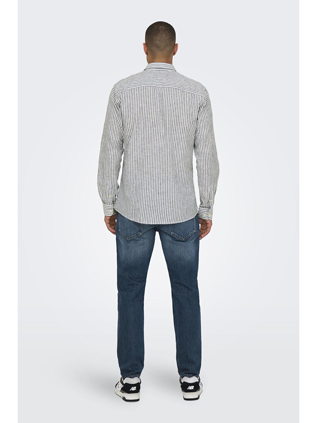 Gri Onscaiden Çizgili Pamuk ve Keten Karışımlı Slim Fit Gömlek 22026601-2