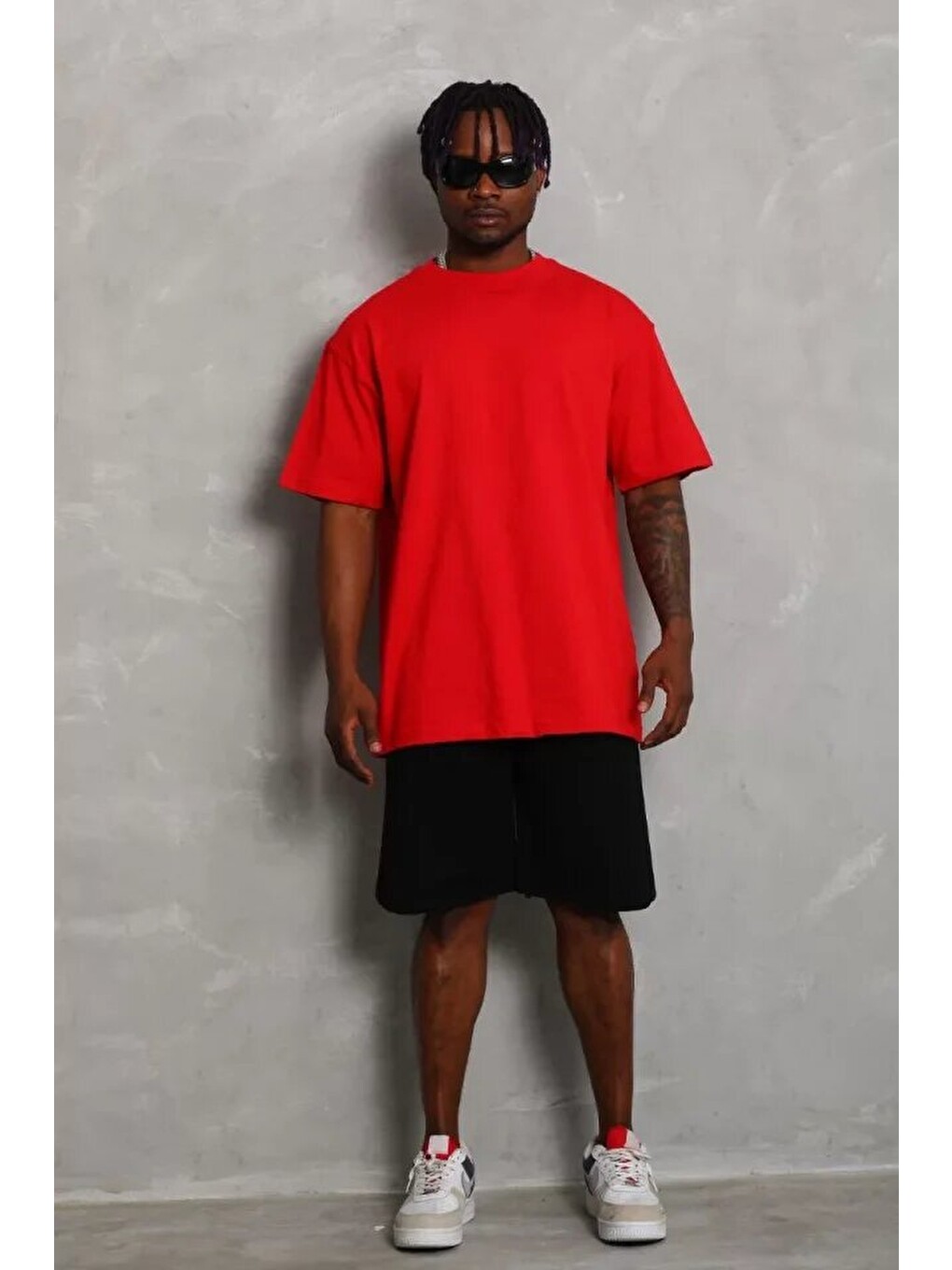 Unisex Oversize Düz Bisiklet Yaka Tişört - Kırmızı