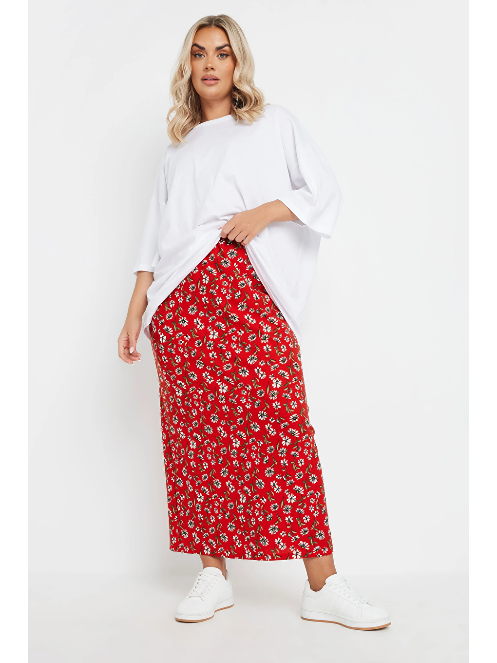 Kırmızı Büyük Beden Beli Lastikli Uzun Kesim Çiçek Desenli Cepsiz Etek 303898-1