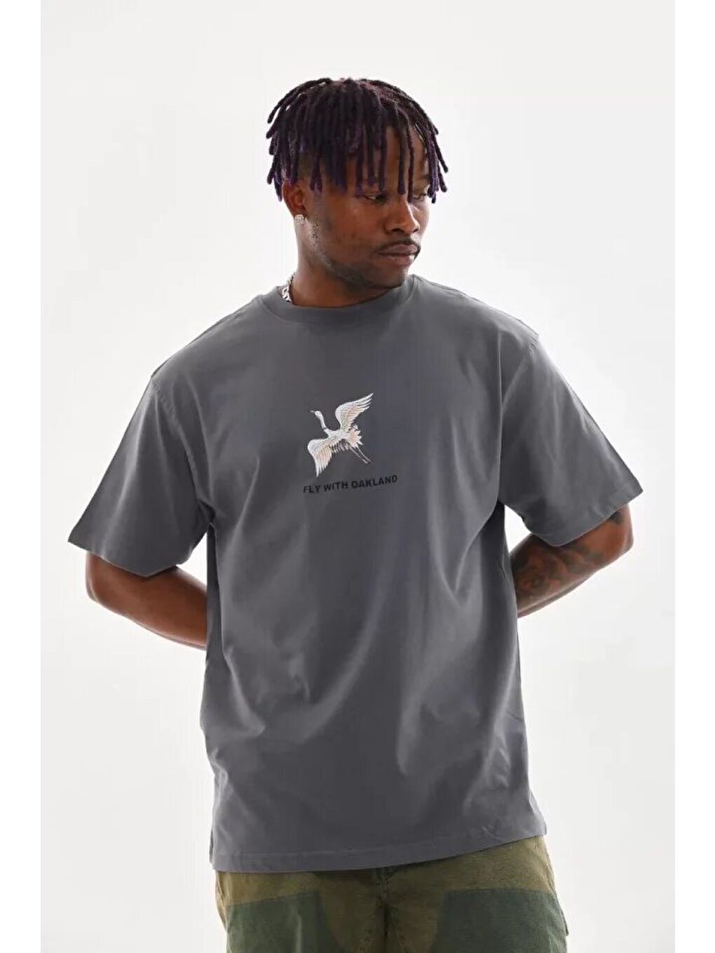 Gri Unisex Baskılı Oversize T-Shirt - Füme