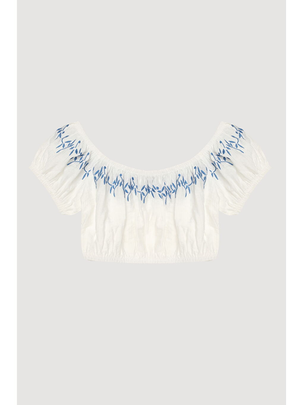 Nakış Detaylı Balon Kol Crop Bluz Ekru-1