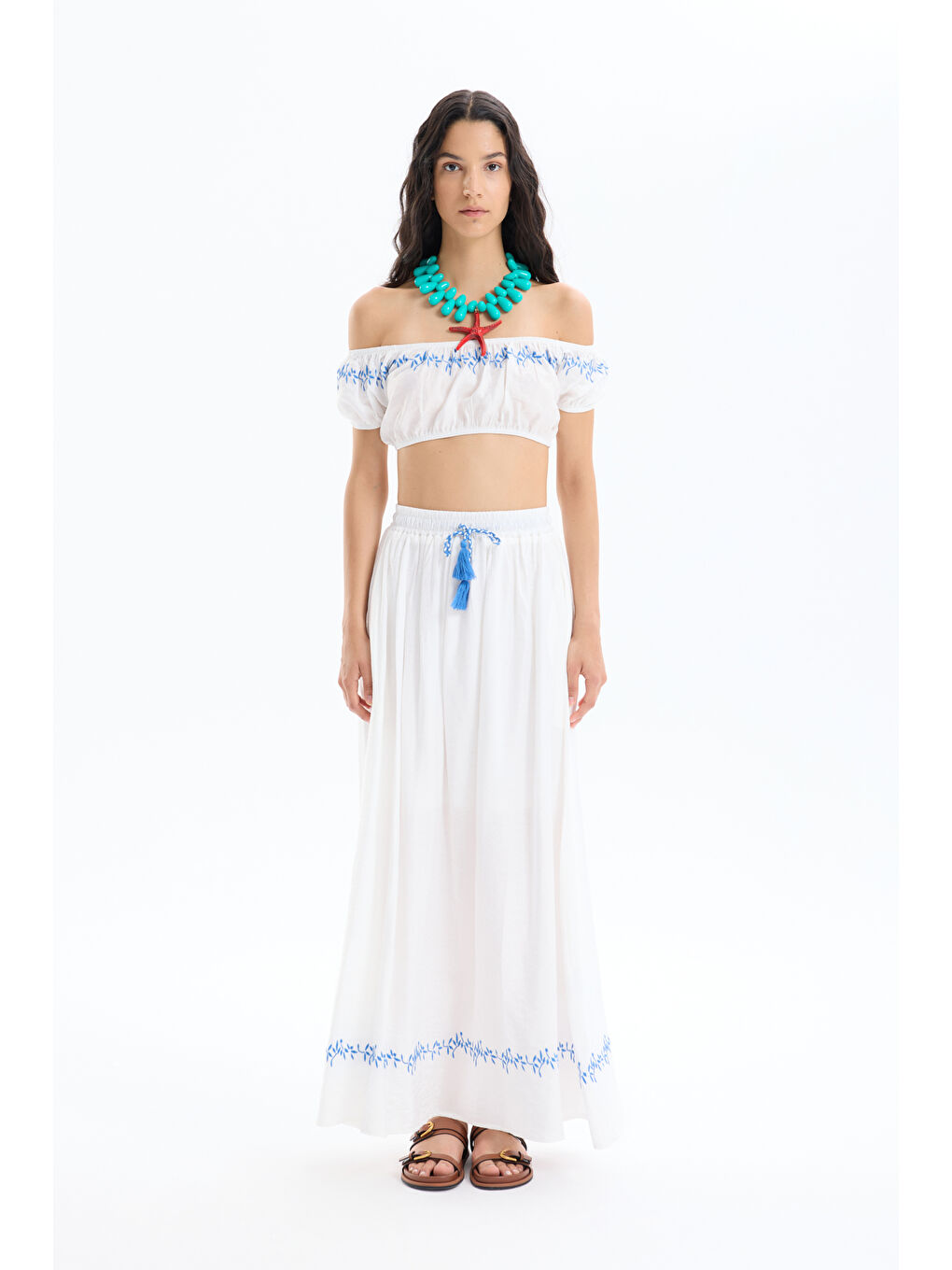 Nakış Detaylı Balon Kol Crop Bluz Ekru-2