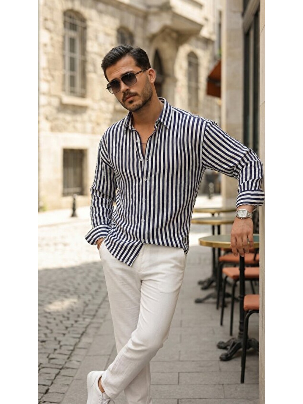 Lacivert Erkek Dikey Çizgili Yarım Oversize Gömlek-2