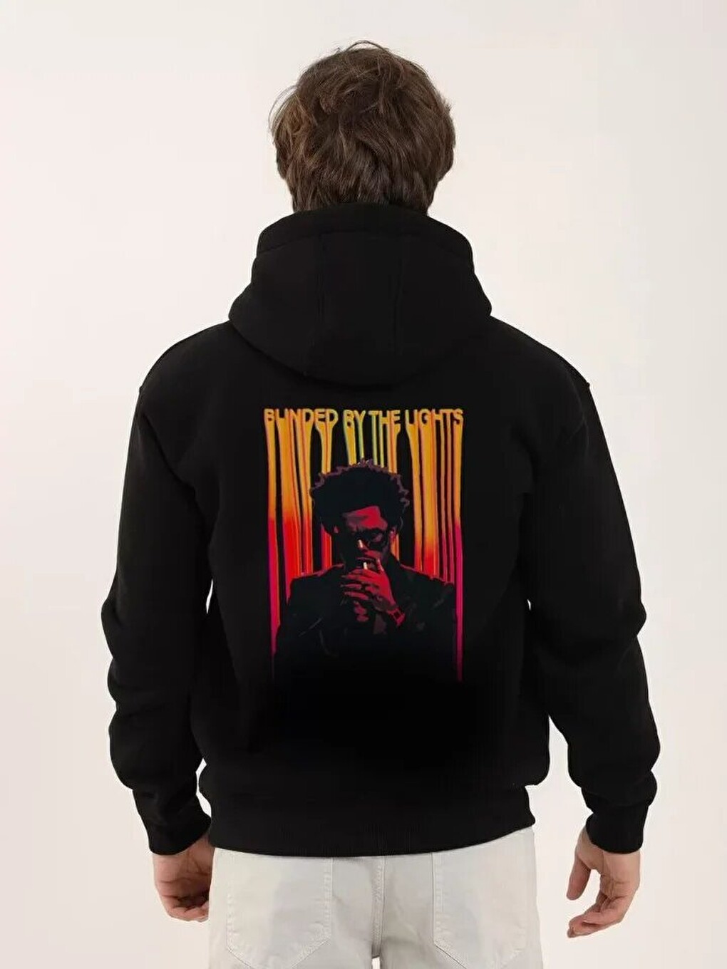 Unisex Baskılı Oversize Üç İplik Kapüşonlu Sweatshirt - Siyah-1