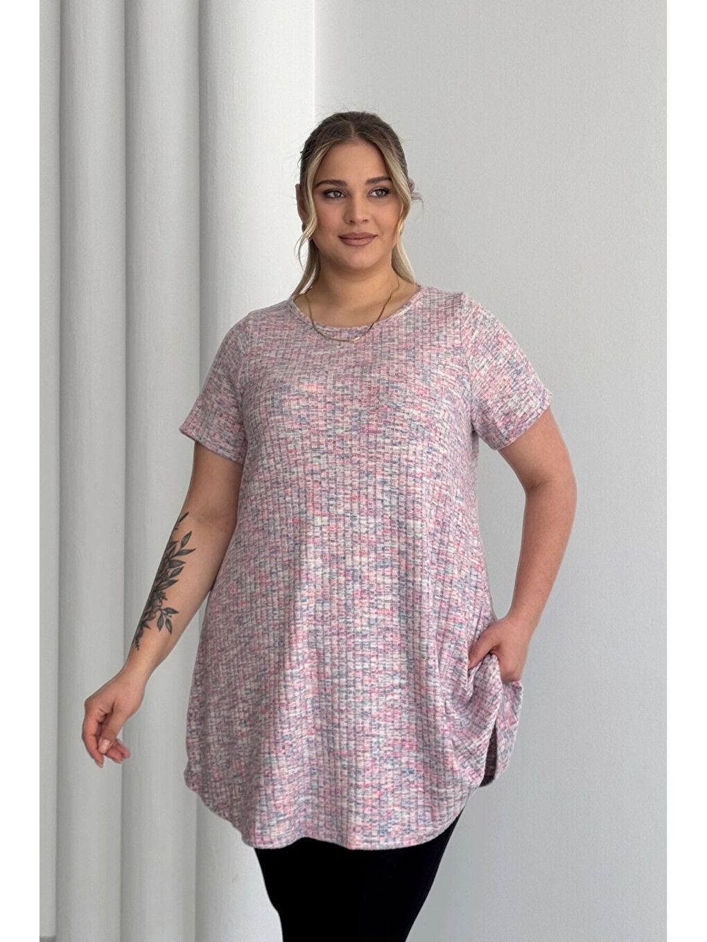 Pembe Büyük Beden Bisiklet Yaka Kısa Kollu Fitilli Kırçıllı Bluz 101-29