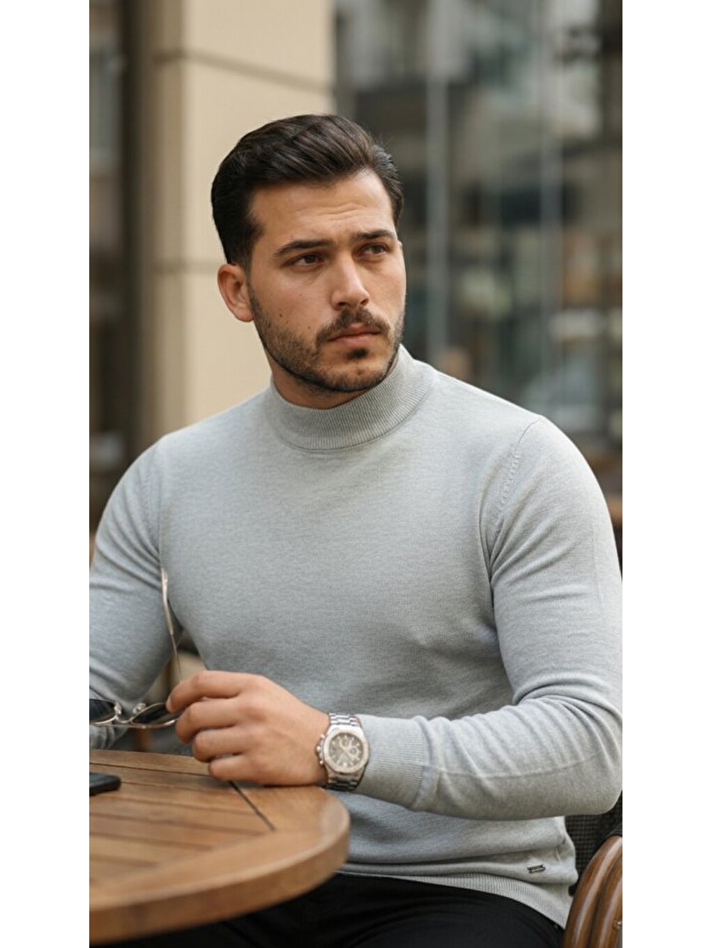 Gri Erkek Yarım Balıkçı Yaka Pamuklu Triko-1