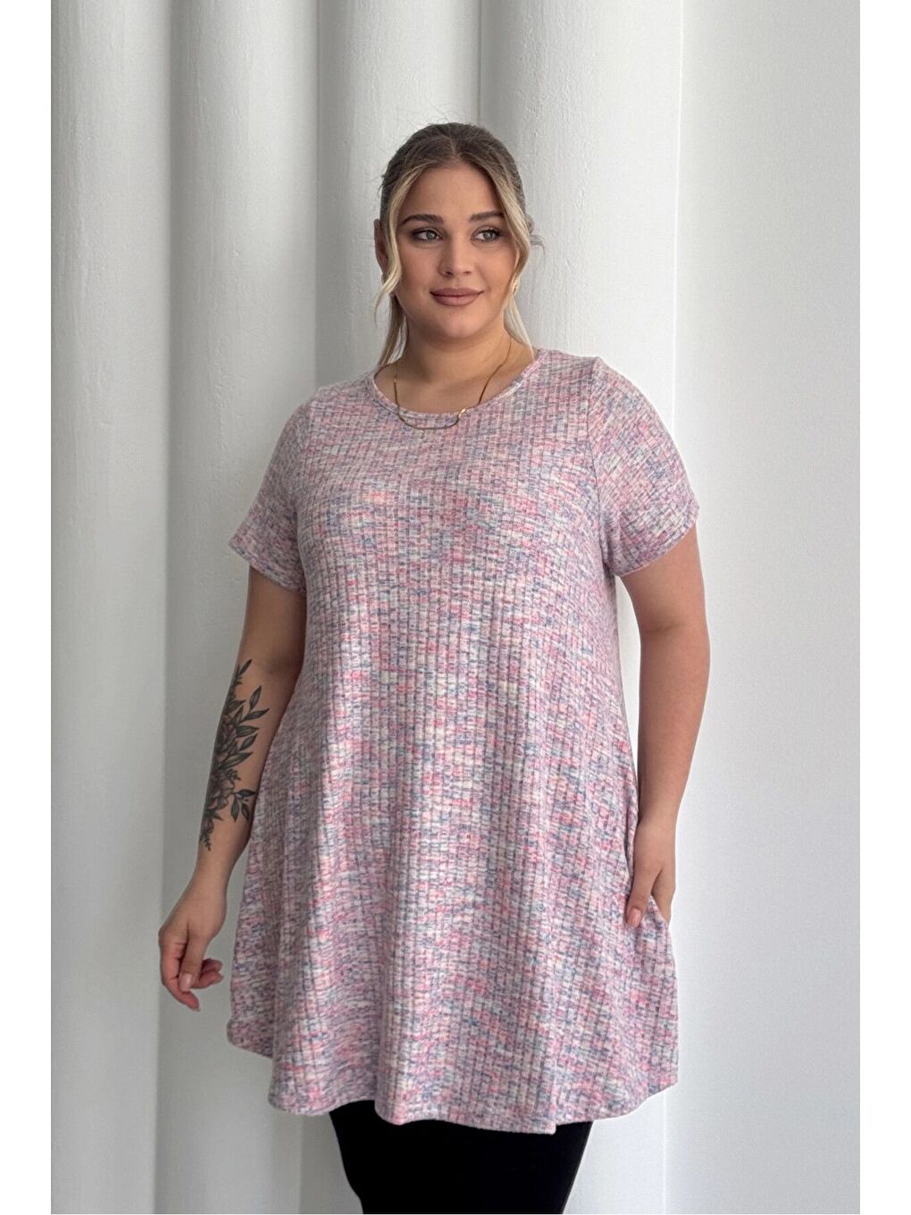 Pembe Büyük Beden Bisiklet Yaka Kısa Kollu Fitilli Kırçıllı Bluz 101-29-1