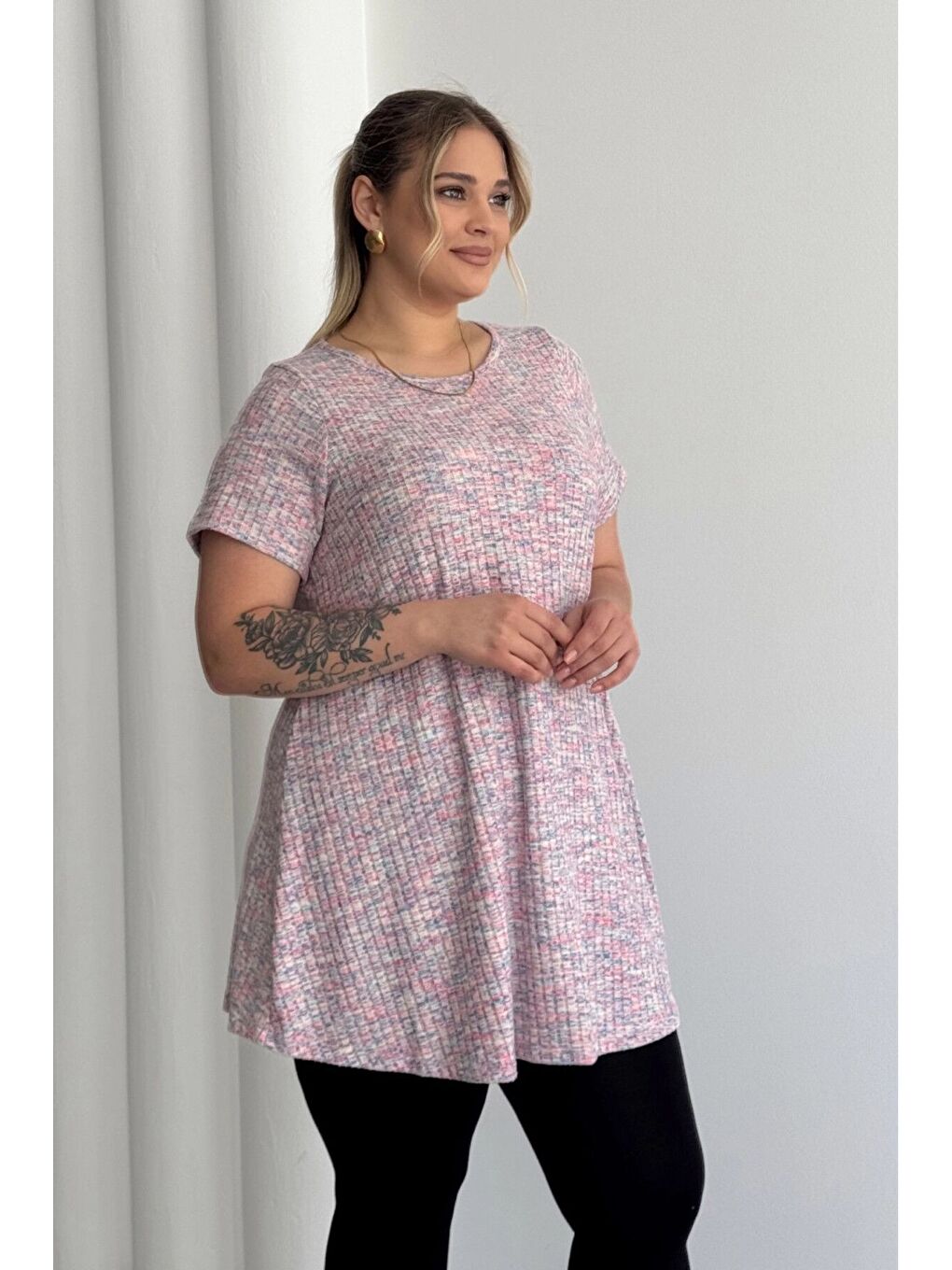 Pembe Büyük Beden Bisiklet Yaka Kısa Kollu Fitilli Kırçıllı Bluz 101-29-3