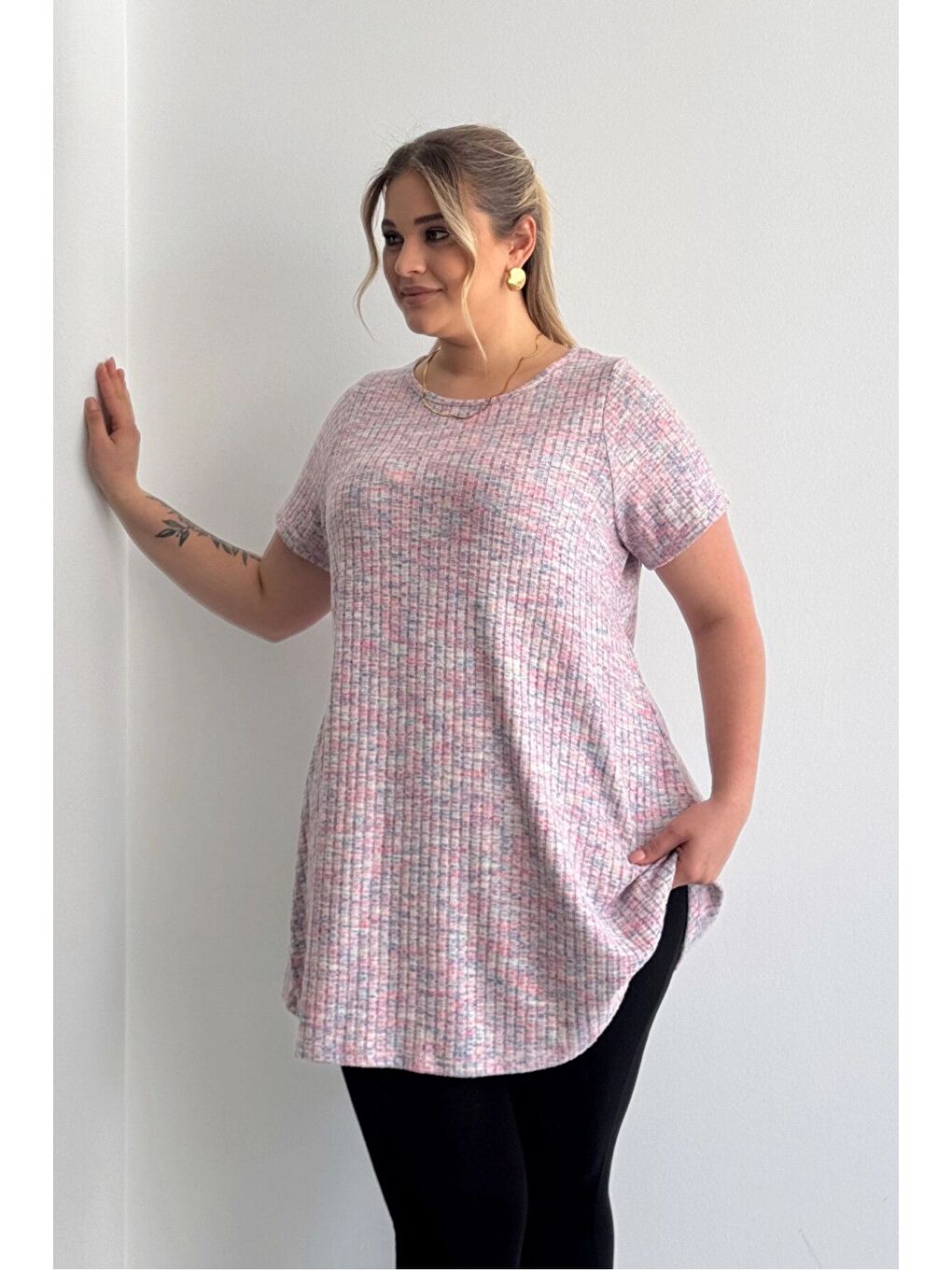 Pembe Büyük Beden Bisiklet Yaka Kısa Kollu Fitilli Kırçıllı Bluz 101-29-4