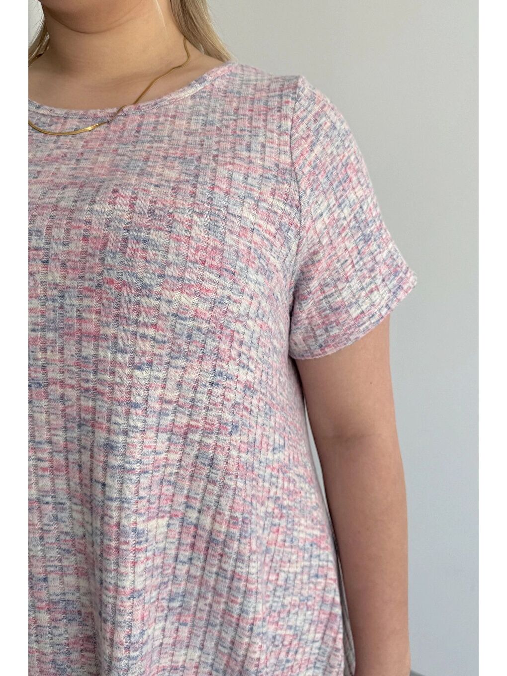 Pembe Büyük Beden Bisiklet Yaka Kısa Kollu Fitilli Kırçıllı Bluz 101-29-5