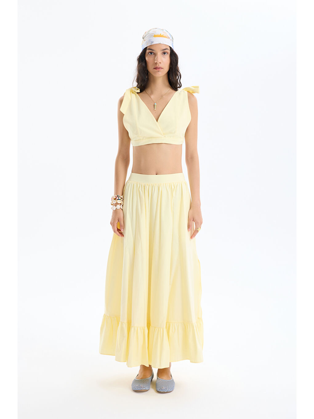 Pile Detaylı Yırtmaçlı Midi Boy Etek Sarı-3