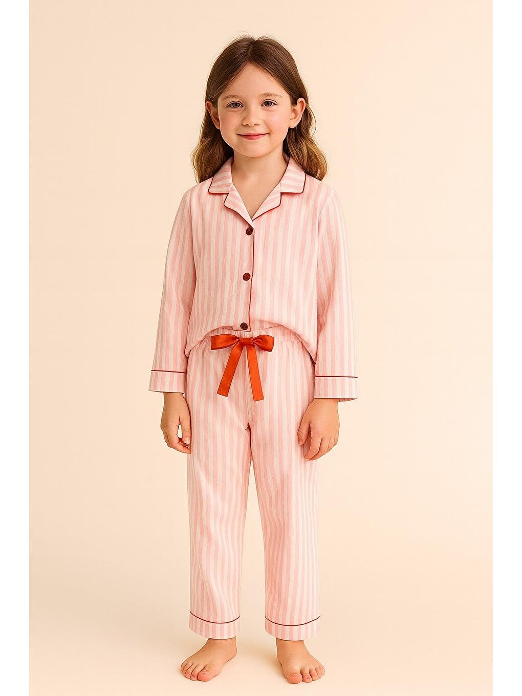 Kız Çocuk Kalpli Kutulu Çizgili Pijama Takımı Pembe-1