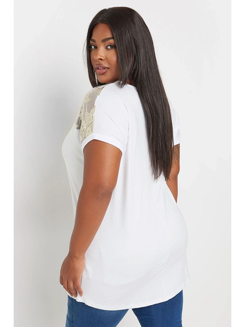 Beyaz Büyük Beden Bisiklet Yaka Kısa Kollu Yakası Transparan Bluz 303427-4