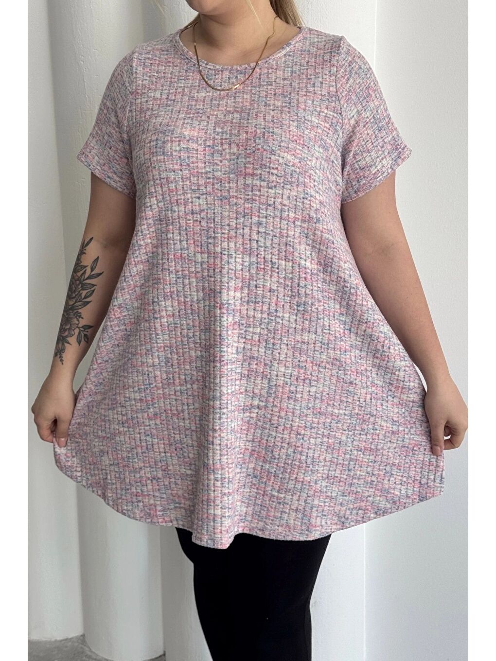 Pembe Büyük Beden Bisiklet Yaka Kısa Kollu Fitilli Kırçıllı Bluz 101-29-6