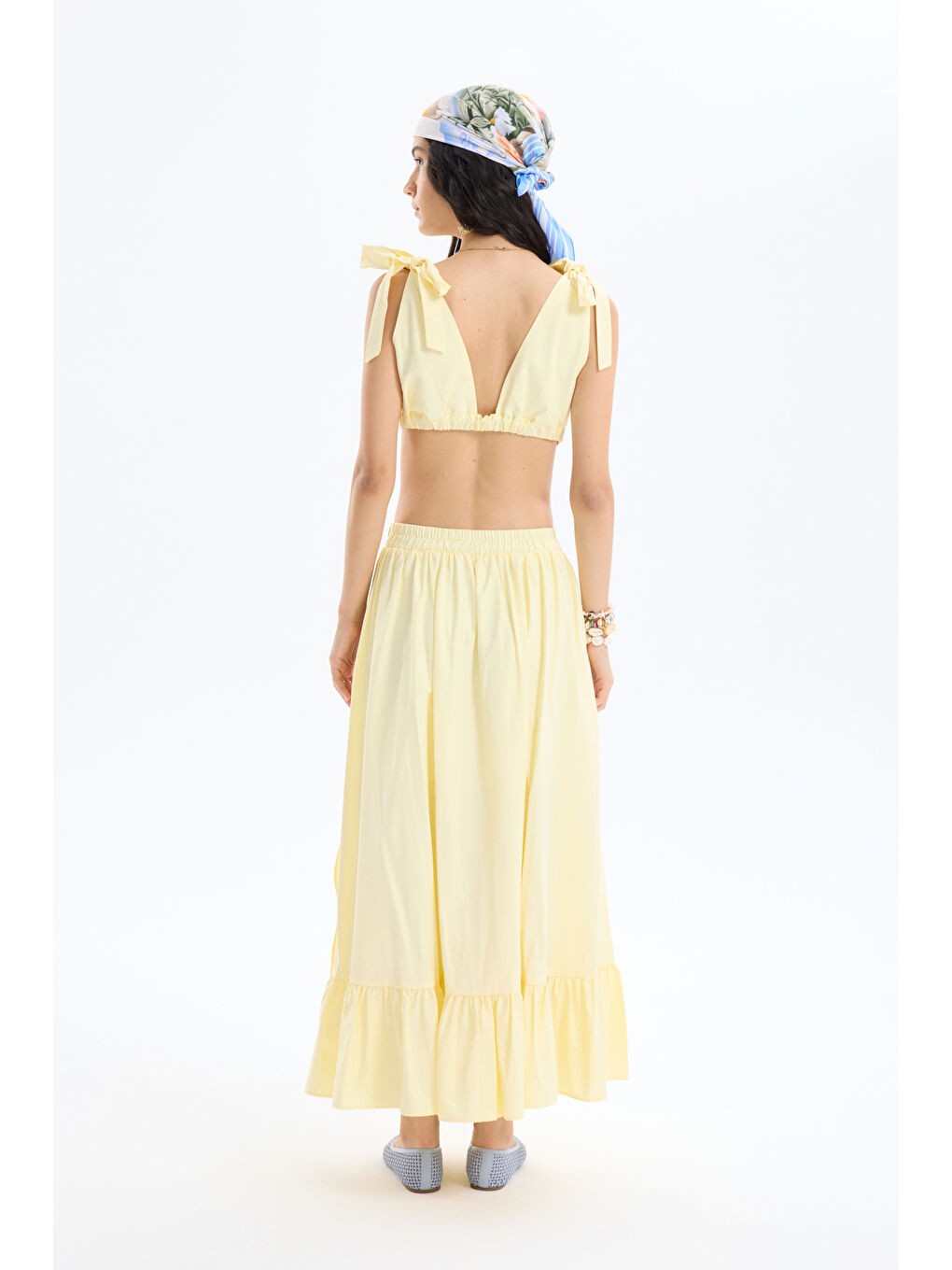 Pile Detaylı Yırtmaçlı Midi Boy Etek Sarı-4