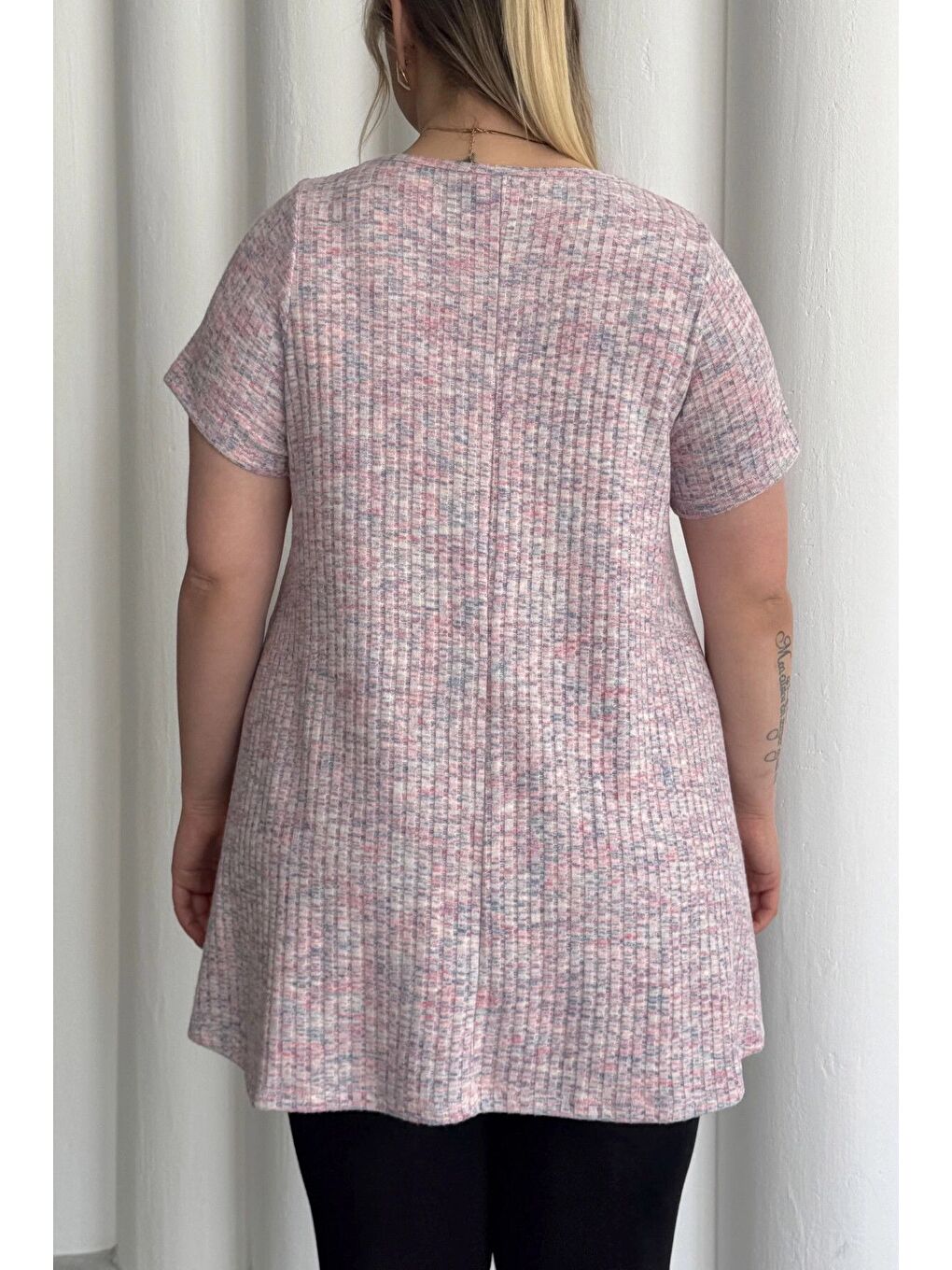 Pembe Büyük Beden Bisiklet Yaka Kısa Kollu Fitilli Kırçıllı Bluz 101-29-7