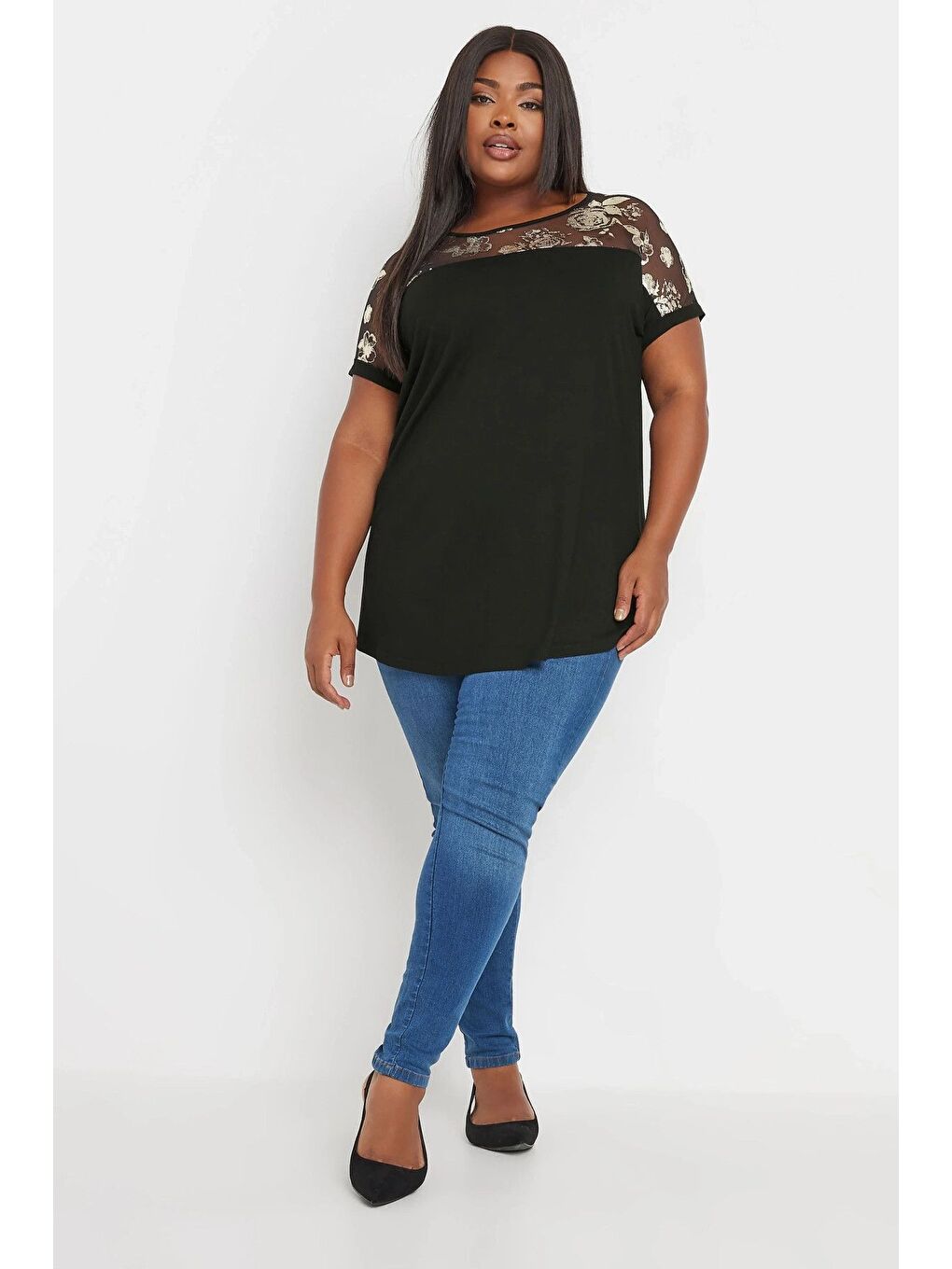 Siyah Büyük Beden Bisiklet Yaka Kısa Kollu Yakası Transparan Bluz 303428-3