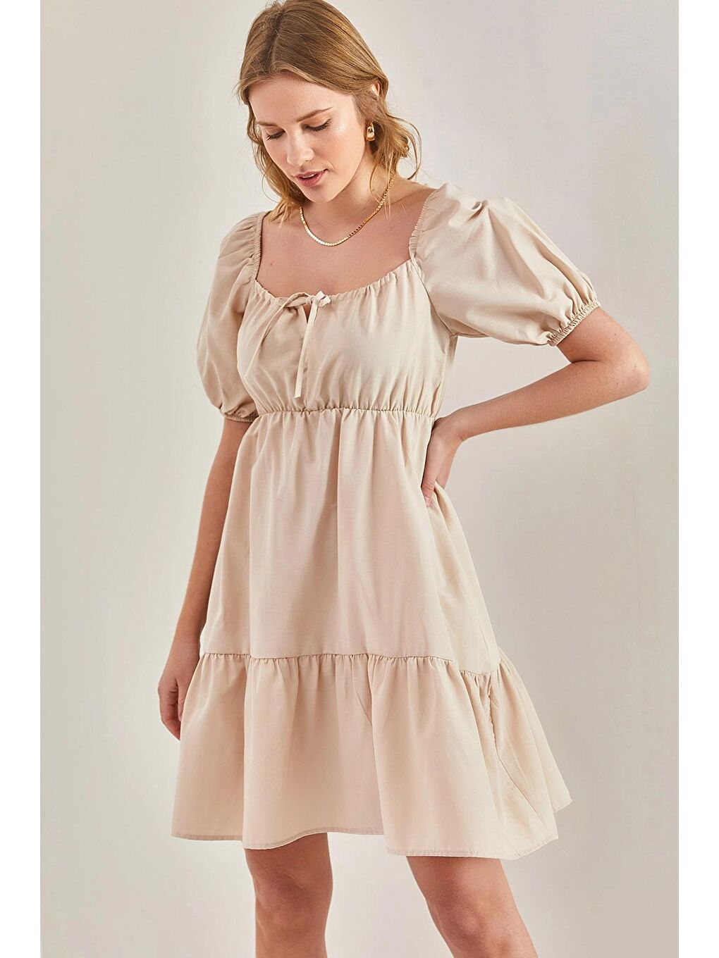 Bej Kadın Kare Yaka Terikoton Elbise