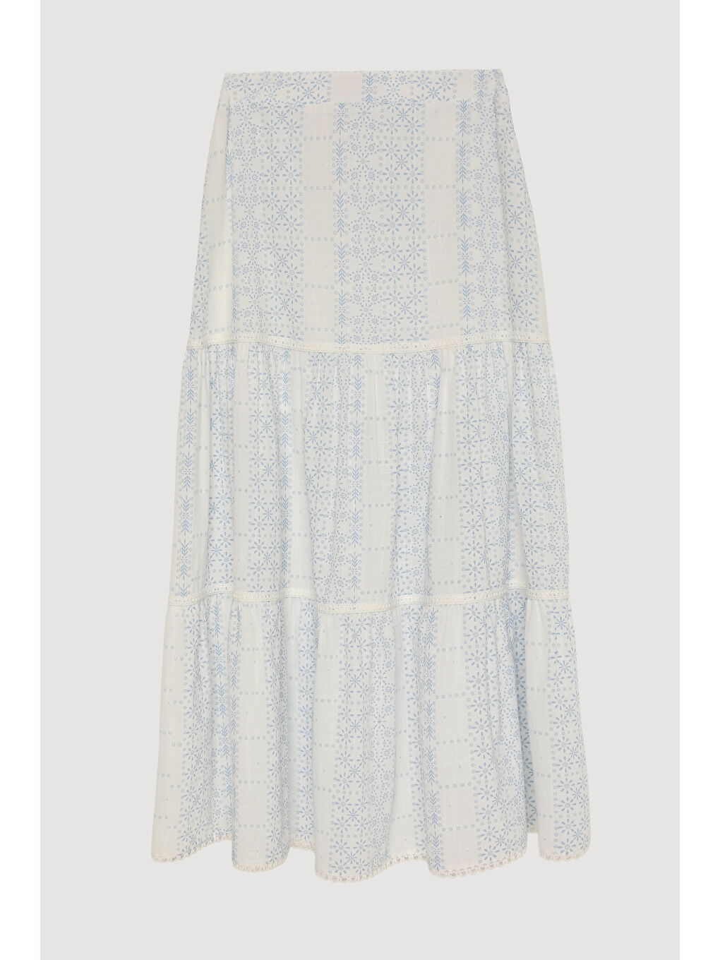 Desenli Volanlı Midi Boy Etek Ekru-1