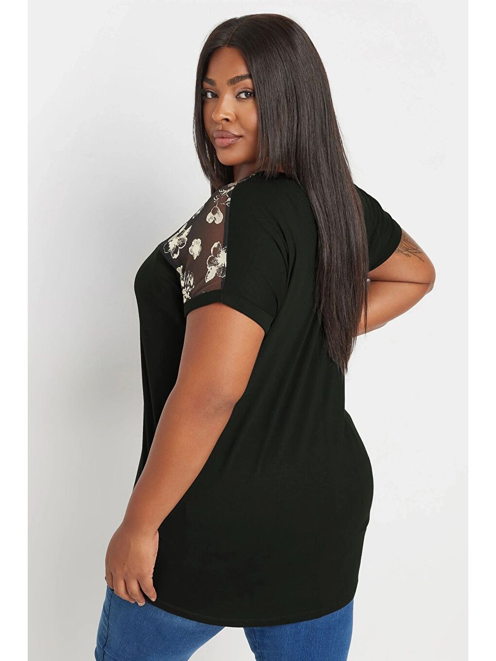 Siyah Büyük Beden Bisiklet Yaka Kısa Kollu Yakası Transparan Bluz 303428-4