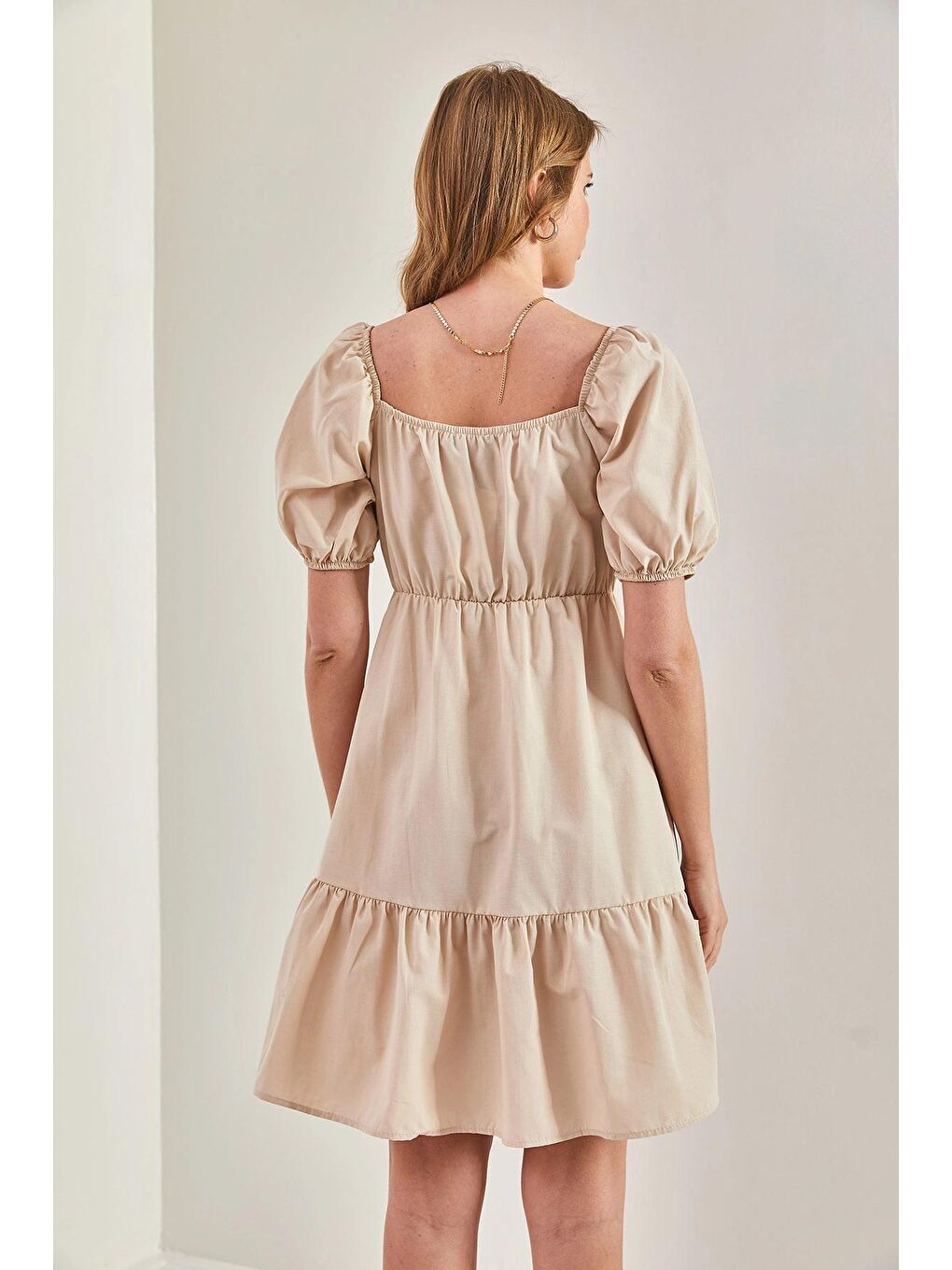 Bej Kadın Kare Yaka Terikoton Elbise-1