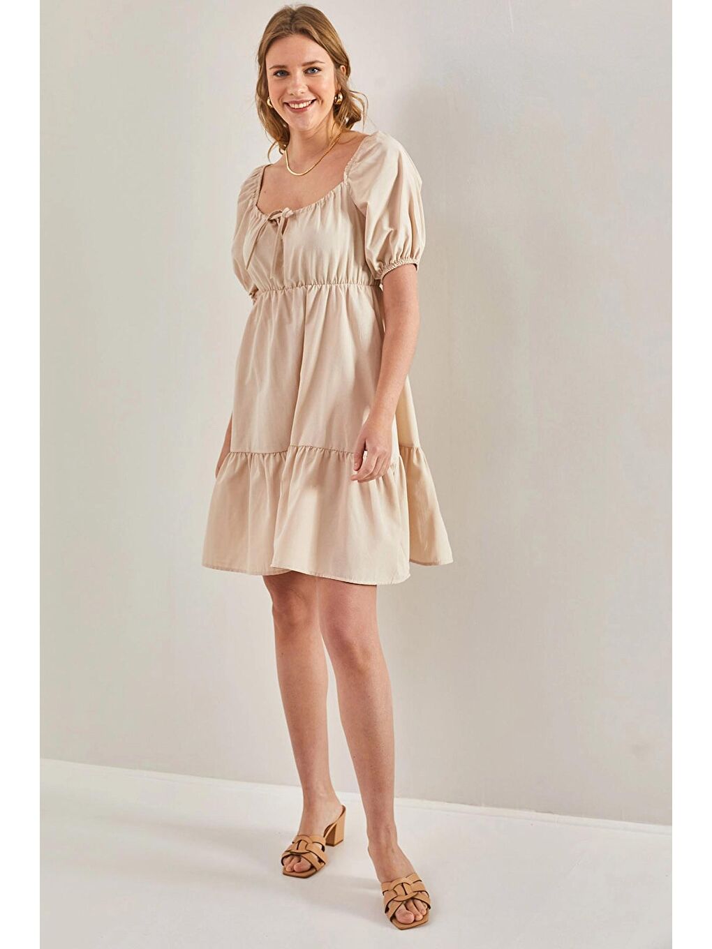 Bej Kadın Kare Yaka Terikoton Elbise-2