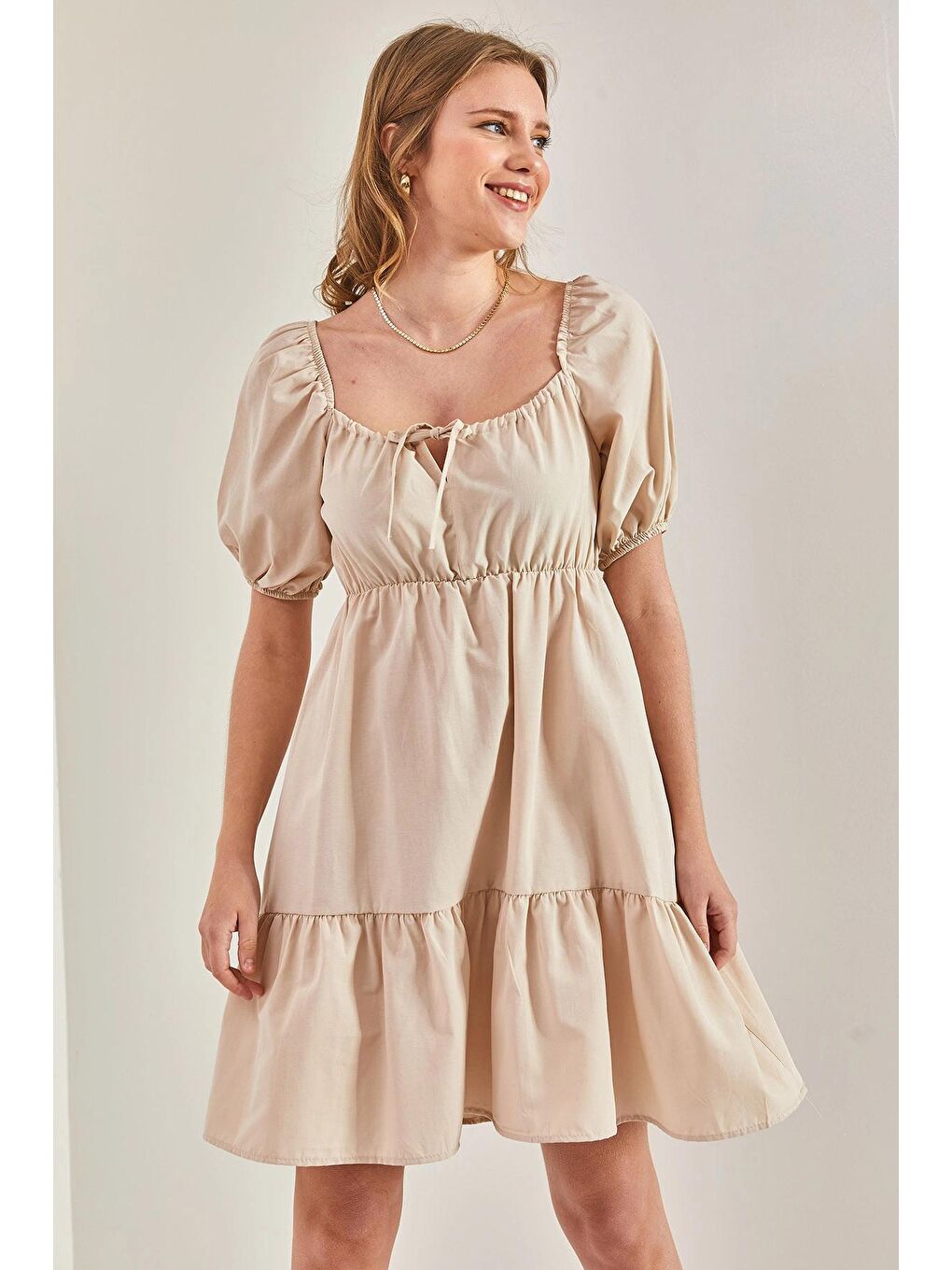 Bej Kadın Kare Yaka Terikoton Elbise-3