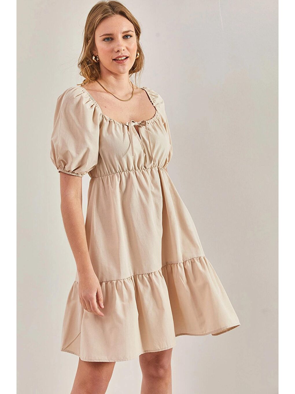 Bej Kadın Kare Yaka Terikoton Elbise-4