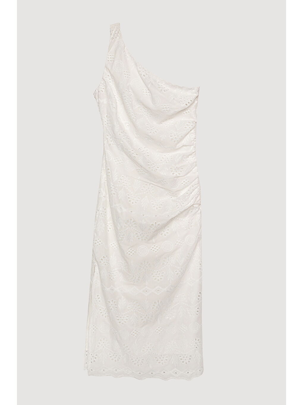 Fisto Detaylı Tek Omuz Midi Elbise Beyaz-1