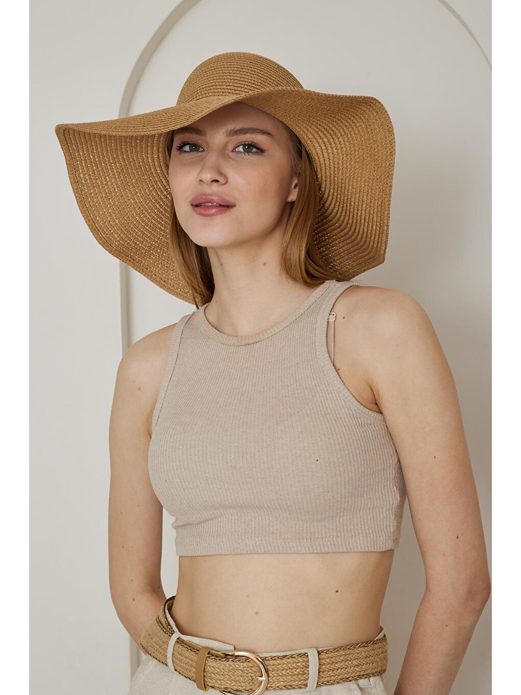 Kahverengi Kadın Camel Geniş Hasır Şapka - Bronte