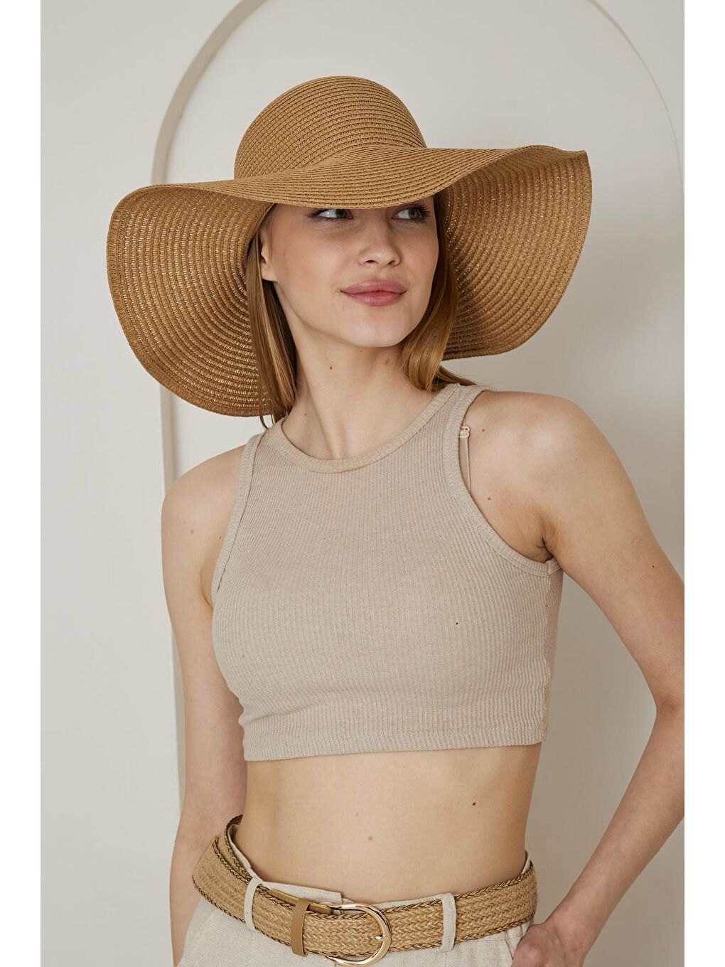 Kahverengi Kadın Camel Geniş Hasır Şapka - Bronte-1