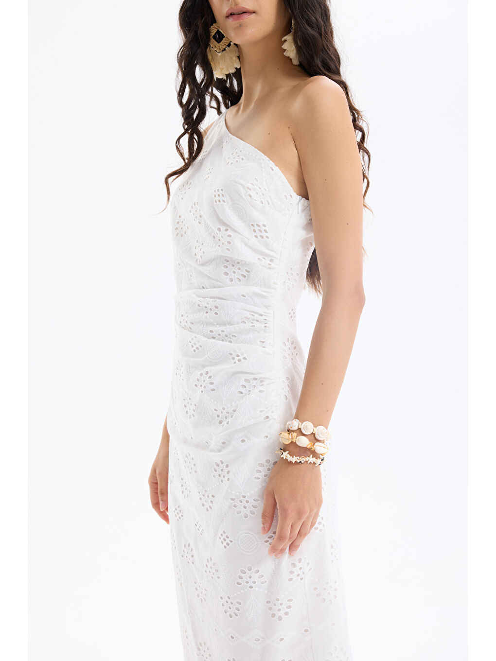 Fisto Detaylı Tek Omuz Midi Elbise Beyaz-2