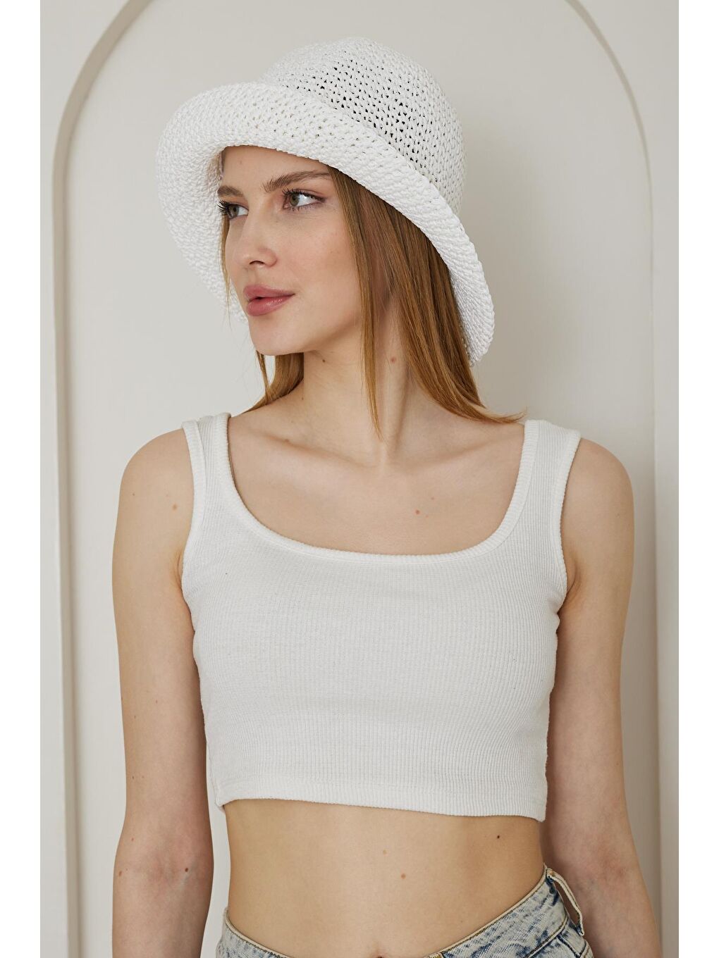 Kadın El Örgüsü Beyaz Hasır Şapka - Afra-1