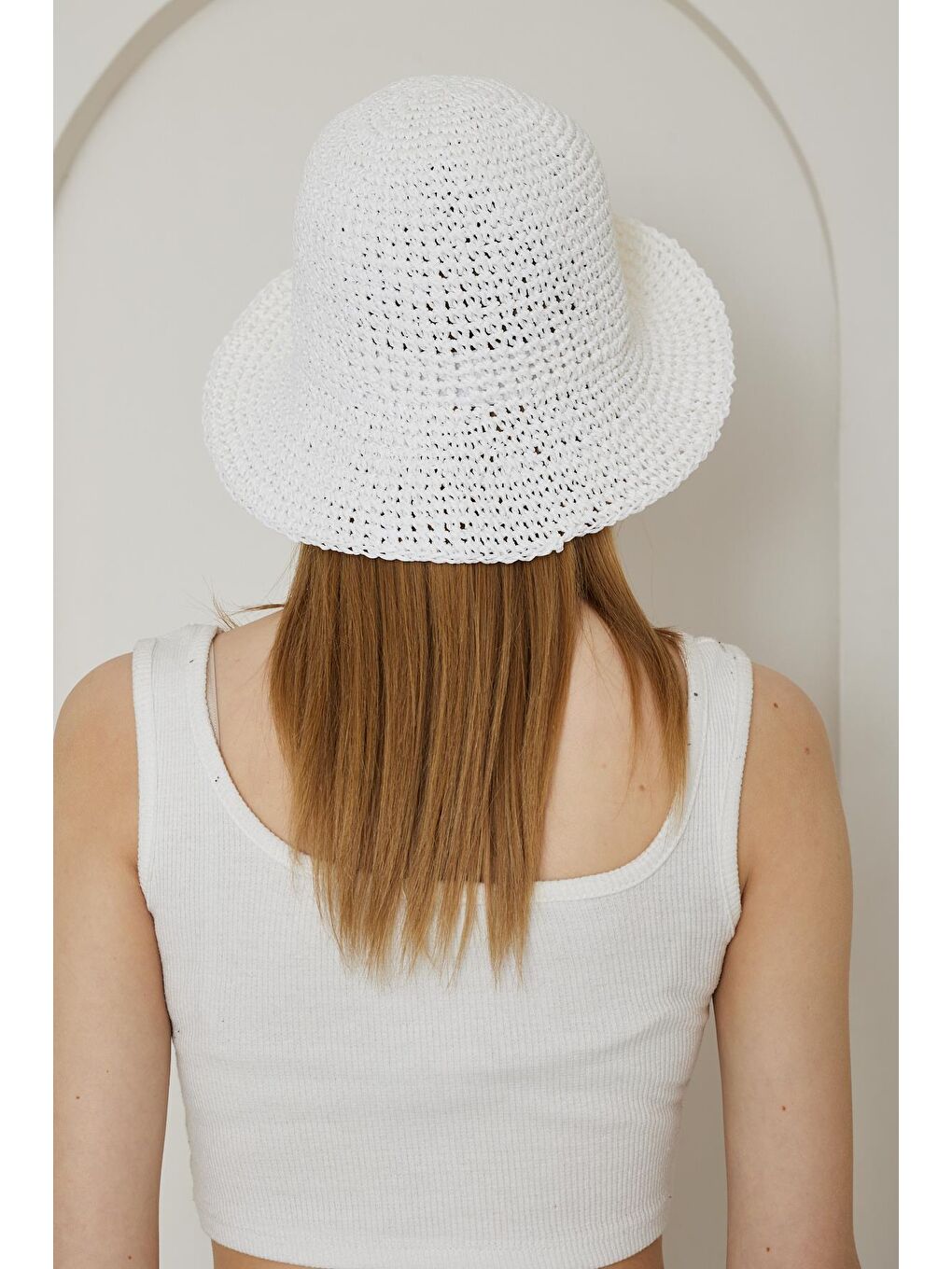 Kadın El Örgüsü Beyaz Hasır Şapka - Afra-3