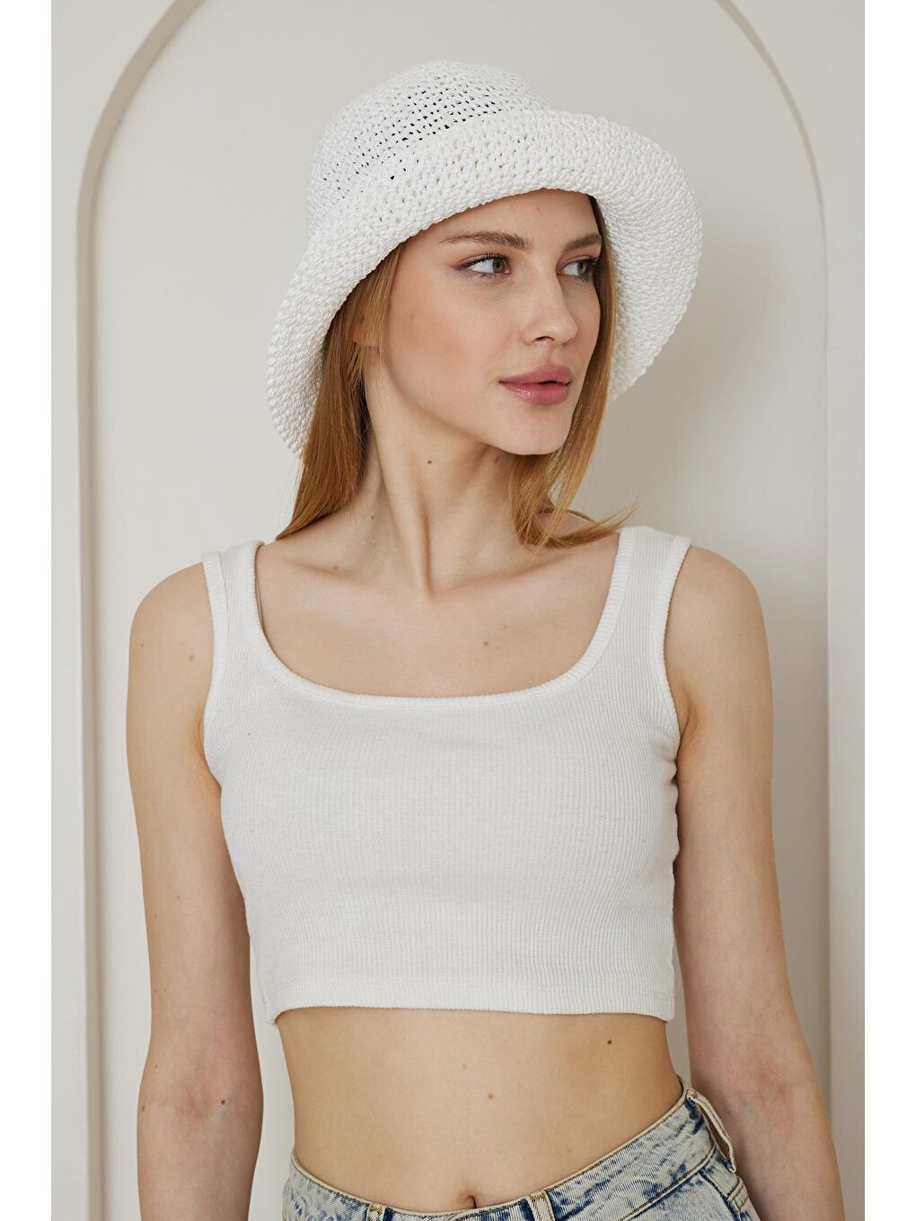Kadın El Örgüsü Beyaz Hasır Şapka - Afra-5