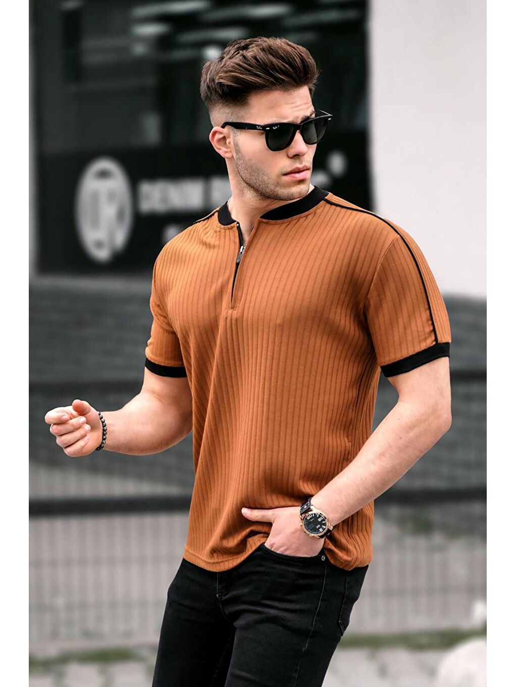 Bej Camel Fermuar Yaka Erkek Penye Tişört