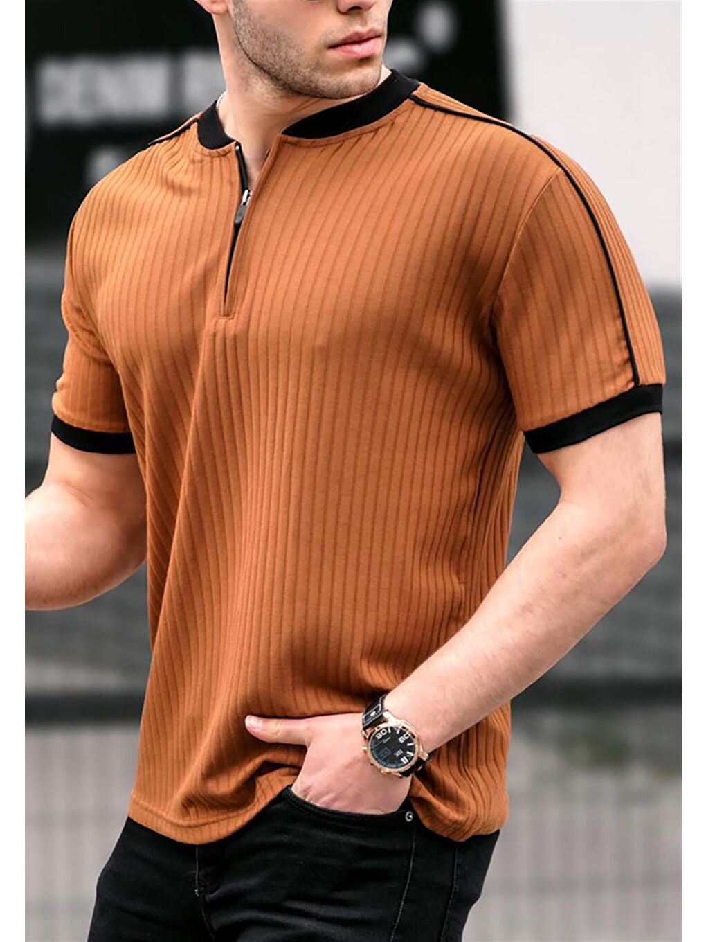 Bej Camel Fermuar Yaka Erkek Penye Tişört-2