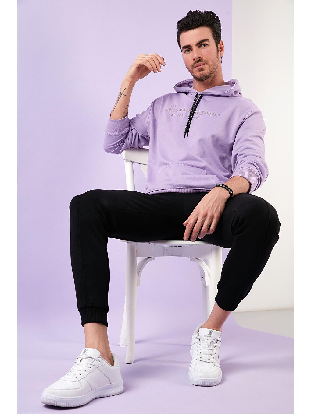 Lila Slim Fit Baskılı Kapüşonlu Kanguru Cepli Pamuklu Sweat 5414018