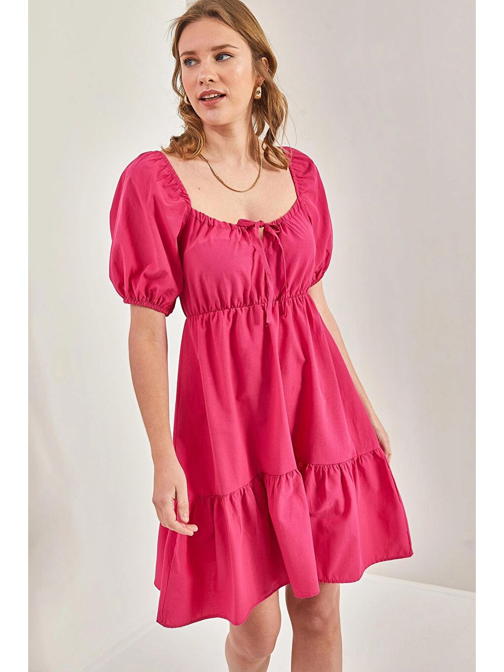 Fuşya Kadın Kare Yaka Terikoton Elbise-1