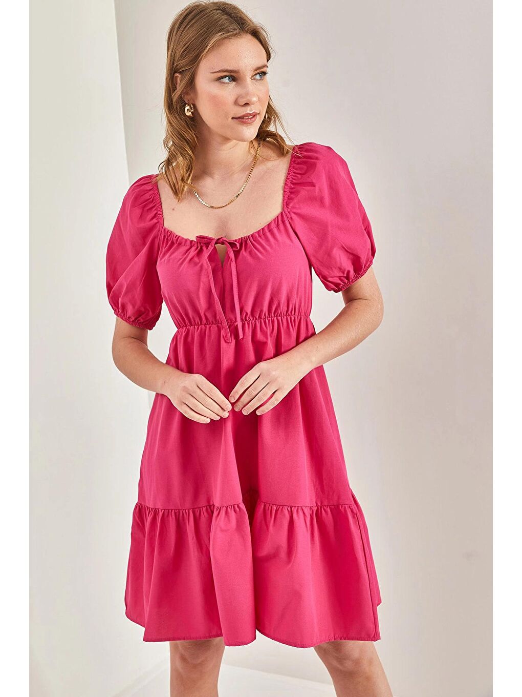 Fuşya Kadın Kare Yaka Terikoton Elbise-2