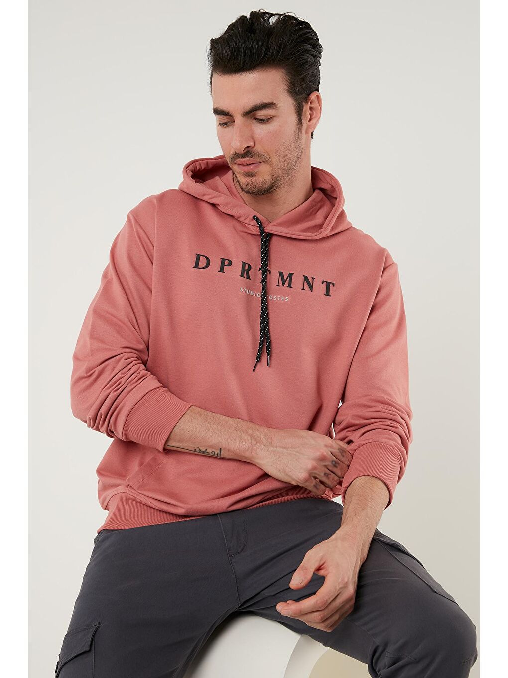 Pembe Slim Fit Baskılı Kapüşonlu Kanguru Cepli Pamuklu Sweat 5414017